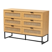 Baxton Studio Sawyer Mid-Century Modern Industrial Oak Brown Finished Wood and Black Metal 6-Drawer Storage Cabinet with Natural Rattan